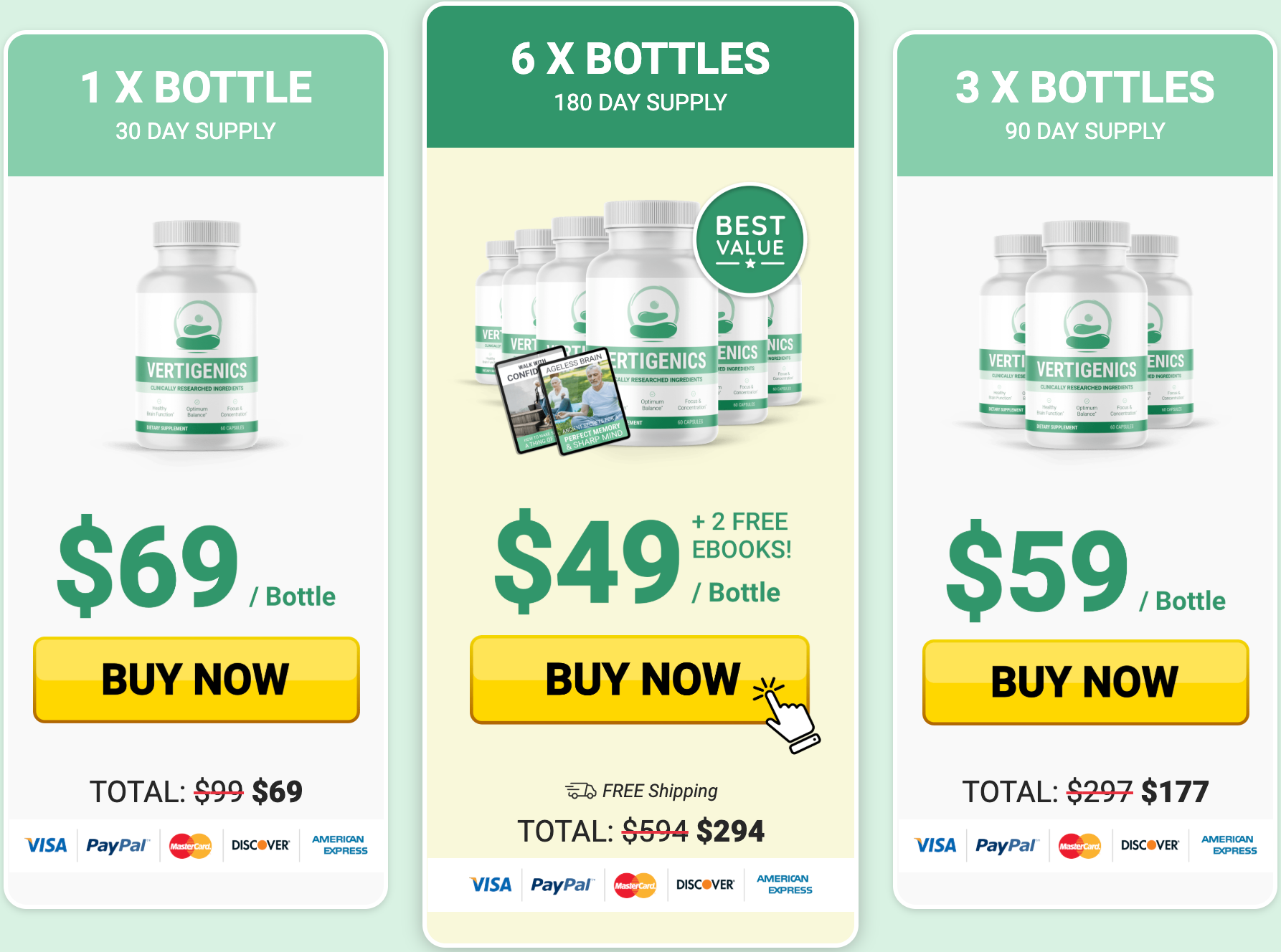 Vertigenics pricing — 1, 3 and 6 bottle packages